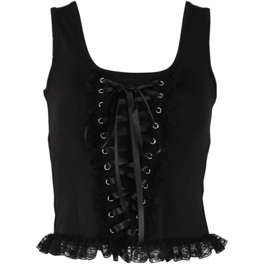 Gothic Crop Tank Top Women Y2K Lace-Up Sleeveless Slim Fit Black